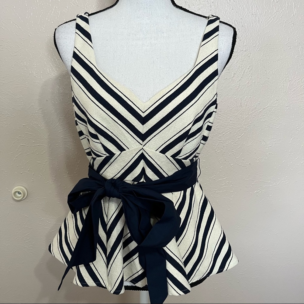 Anthropologie Maeve Mitered Navy Striped Peplum Sleeveless Blouse